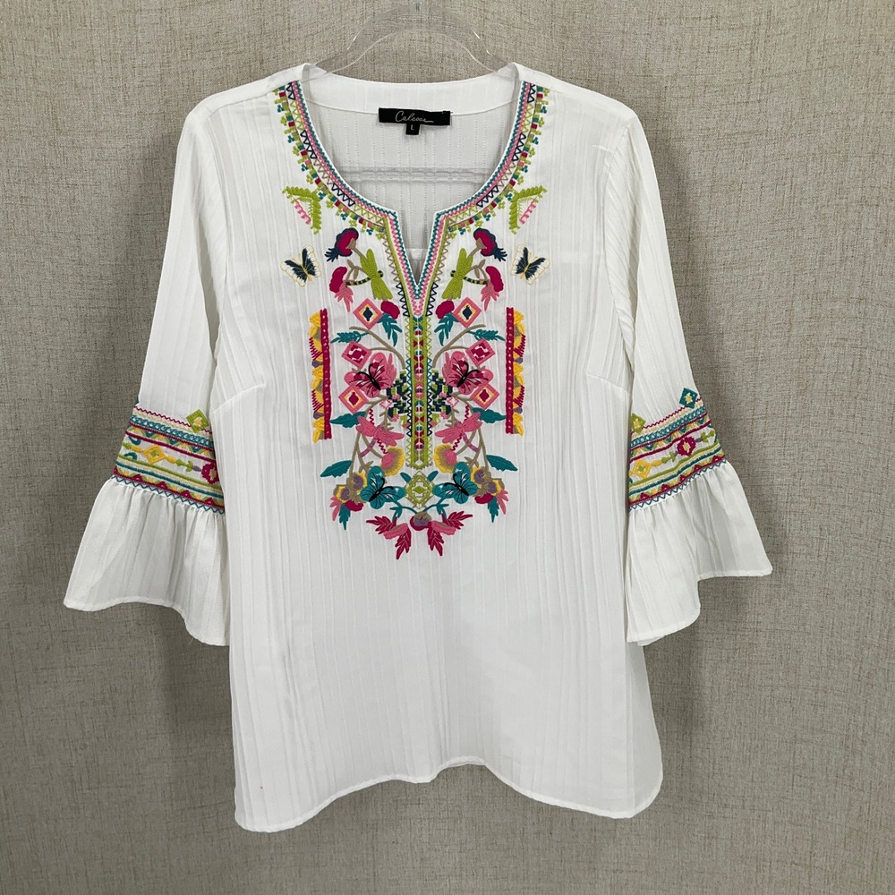 Calessa Top Women L White Embroidered Floral Bell Sleeve Cottagecore Peasant